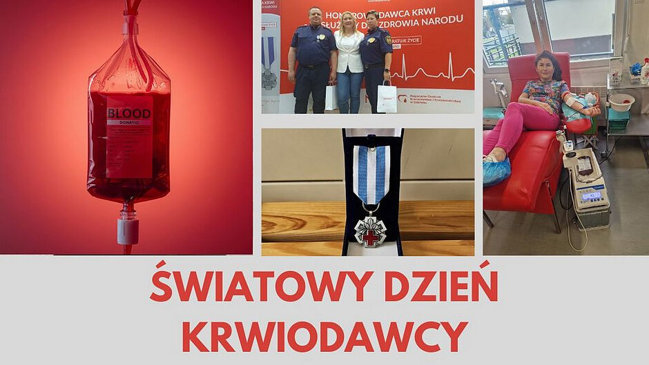 Jest to kolaż poświęcony Światowemu Dniu Krwiodawstwa. W centralnej dolnej części widnieje duży czerwony napis „ŚWIATOWY DZIEŃ KRWIODAWSTWA”. W lewej części znajduje się fotografia przezroczystego worka wypełnionego krwią na czerwonym tle, z etykietą „BLOOD”. W prawym górnym rogu pokazano osobę siedzącą na fotelu medycznym, podłączoną do aparatury do poboru krwi w gabinecie o jasnym wnętrzu. Na środku u góry znajduje się zdjęcie trzech osób stojących na tle czerwonej ścianki z napisem dotyczącym honorowego dawstwa krwi. W dolnej części, pomiędzy fotografiami, umieszczono medal z biało‑niebieską wstążką i symbolem czerwonego krzyża, ułożony na drewnianym podłożu. Całość utrzymana jest w czerwono‑białej kolorystyce, kojarzącej się z tematyką krwi i medycyny.