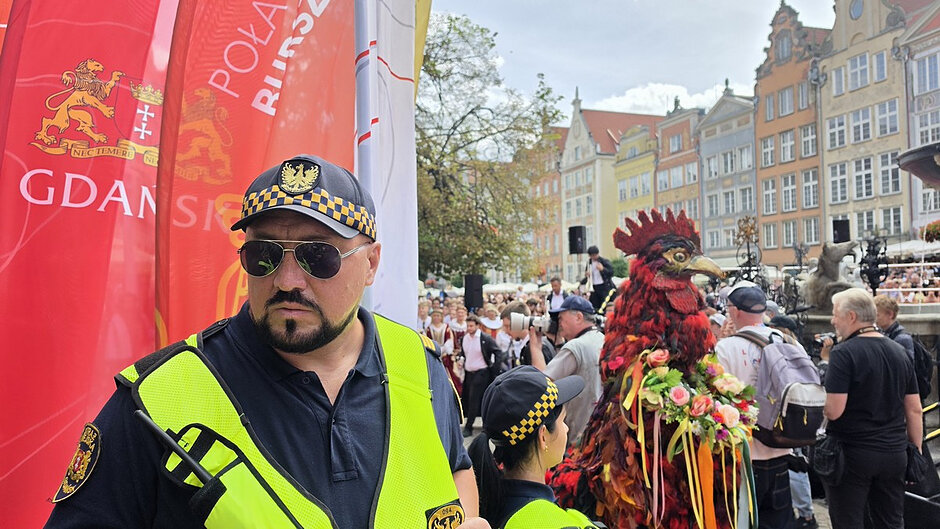 Na zdjęciu widoczny jest funkcjonariusz Straży Miejskiej zabezpieczający wydarzenie odbywające się na gdańskim Długim Targu. Funkcjonariusz ubrany jest w granatowy mundur, żółtą kamizelkę odblaskową oraz czapkę służbową. W tle znajdują się czerwone flagi promocyjne z herbem i nazwą Gdańska, a także liczni uczestnicy wydarzenia. W centralnej części kadru widoczna jest duża figura koguta ozdobiona kolorowymi kwiatami i wstążkami, będąca elementem parady lub wydarzenia plenerowego. W dalszym planie znajdują się zabytkowe kamienice Głównego Miasta oraz zgromadzeni mieszkańcy i turyści.