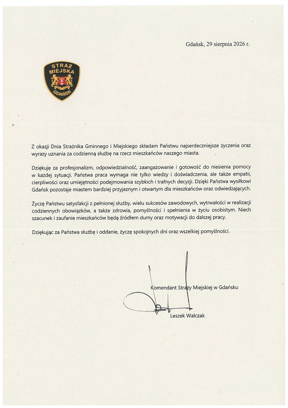Życzenia od Komendanta Straży Miejskiej w Gdańsku Leszka Walczaka dla gdańskich strażników. 