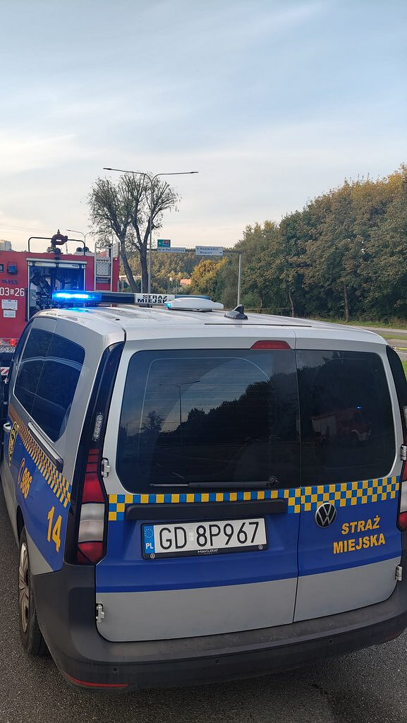 Akcja służb ratunkowych podczas usuwania skutków awarii sieci gazowej. Straż Pożarna i Pogotowie Gazowe prowadziły działania zabezpieczające oraz ograniczające zagrożenie w rejonie ronda De La Salle i ul. Potokowej.