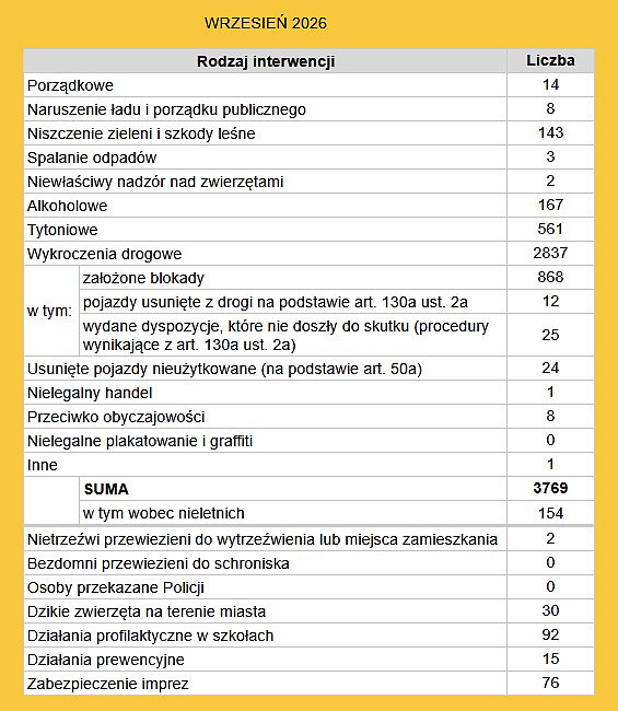 Na grafice przedstawiono tabelę statystyczną Straży Miejskiej za wrzesień 2026 roku. Tabela ma żółte tło i zawiera dwa główne pola: „Rodzaj interwencji” oraz „Liczba”. Łącznie odnotowano 3769 interwencji, w tym 154 dotyczące osób nieletnich.

Najliczniejszą kategorię stanowią wykroczenia drogowe – 2837 przypadków, w tym 868 założonych blokad, 12 pojazdów usuniętych z drogi na podstawie art. 130a ust. 2a oraz 25 wydanych dyspozycji usunięcia pojazdu, które nie doszły do skutku. Kolejną dużą grupę stanowią interwencje związane z wyrobami tytoniowymi – 561, a także alkoholowe – 167 oraz dotyczące niszczenia zieleni i szkód leśnych – 143.

Odnotowano również między innymi: 92 działania profilaktyczne w szkołach, 76 zabezpieczeń imprez, 30 interwencji dotyczących dzikich zwierząt na terenie miasta, 24 usunięte pojazdy nieużytkowane, 15 działań prewencyjnych, 14 interwencji porządkowych, po 8 przypadków naruszenia ładu publicznego i wykroczeń przeciwko obyczajowości, 3 przypadki spalania odpadów, 2 interwencje związane z niewłaściwym nadzorem nad zwierzętami oraz 2 osoby nietrzeźwe przewiezione do wytrzeźwienia lub miejsca zamieszkania. Nie odnotowano przypadków nielegalnego plakaciarstwa i graffiti, przewiezienia osób bezdomnych do schroniska ani przekazań osób Policji.