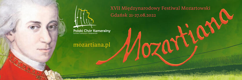 Grafika przedstawia z lewej strony podobiznę Mozarta na zielonym tle oraz nazwę i datę wydarzenia z prawej