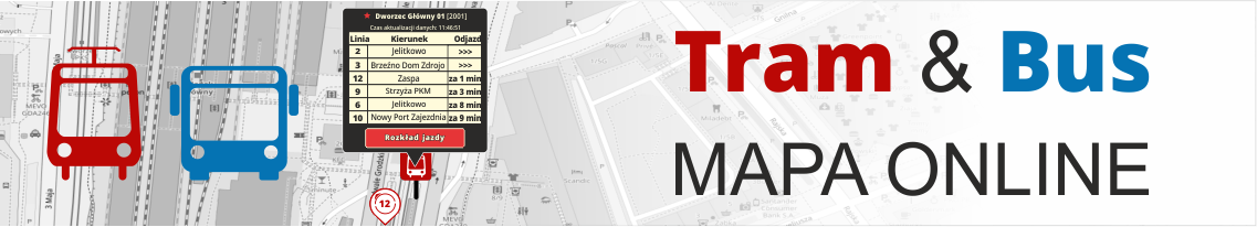 Baner promujący mapę interaktywną tramwajów i autobusów
