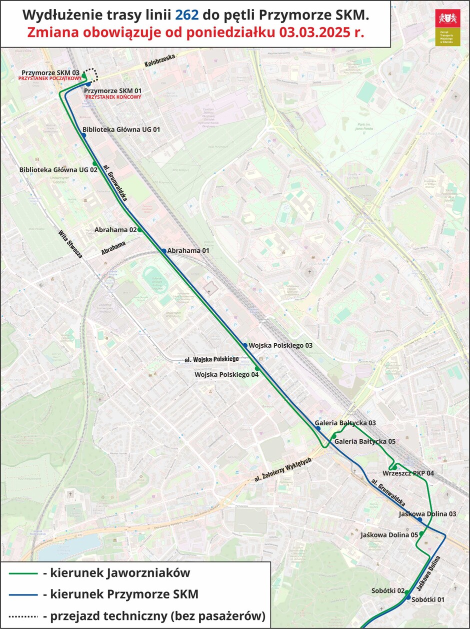 mapka wydłużonej trasy linii 262