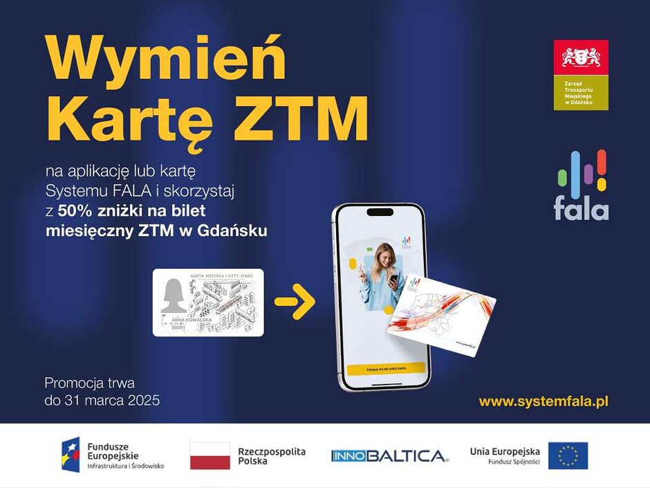 Grafika promująca akcję Wymień Kartę Miejską ZTM na System FALA